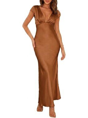 Women's Brown Summer Satin V Neck Cap Sleeve Backless Wedding Guest Midi Dresses